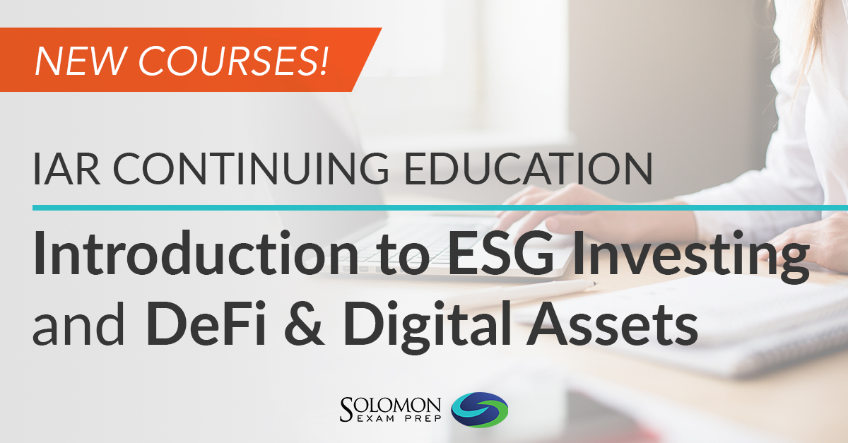Person working on computer with text overlaid on top, "New Courses! IAR Continuing Education: Introduction to ESG Investing and DeFi and Digital Assets