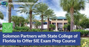 State College of Florida campus with title "Solomon Partners with State College of Florida to Offer SIE Exam Prep Course" in a blue box