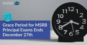 Alarm clock with title "Grace Period for MSRB Principal Exams Ends December 27th