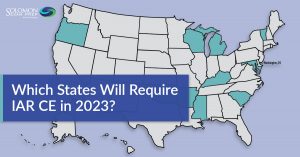 Map of US showing states that require IAR CE in 2023
